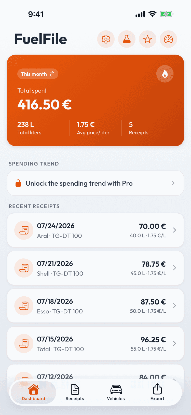 FuelFile app dashboard with fuel cost overview