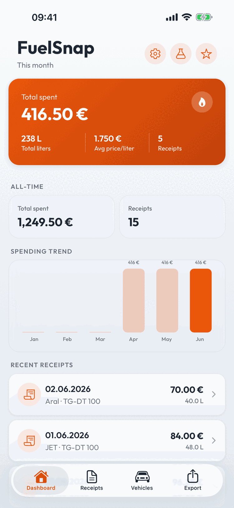 FuelFile app dashboard with fuel cost overview