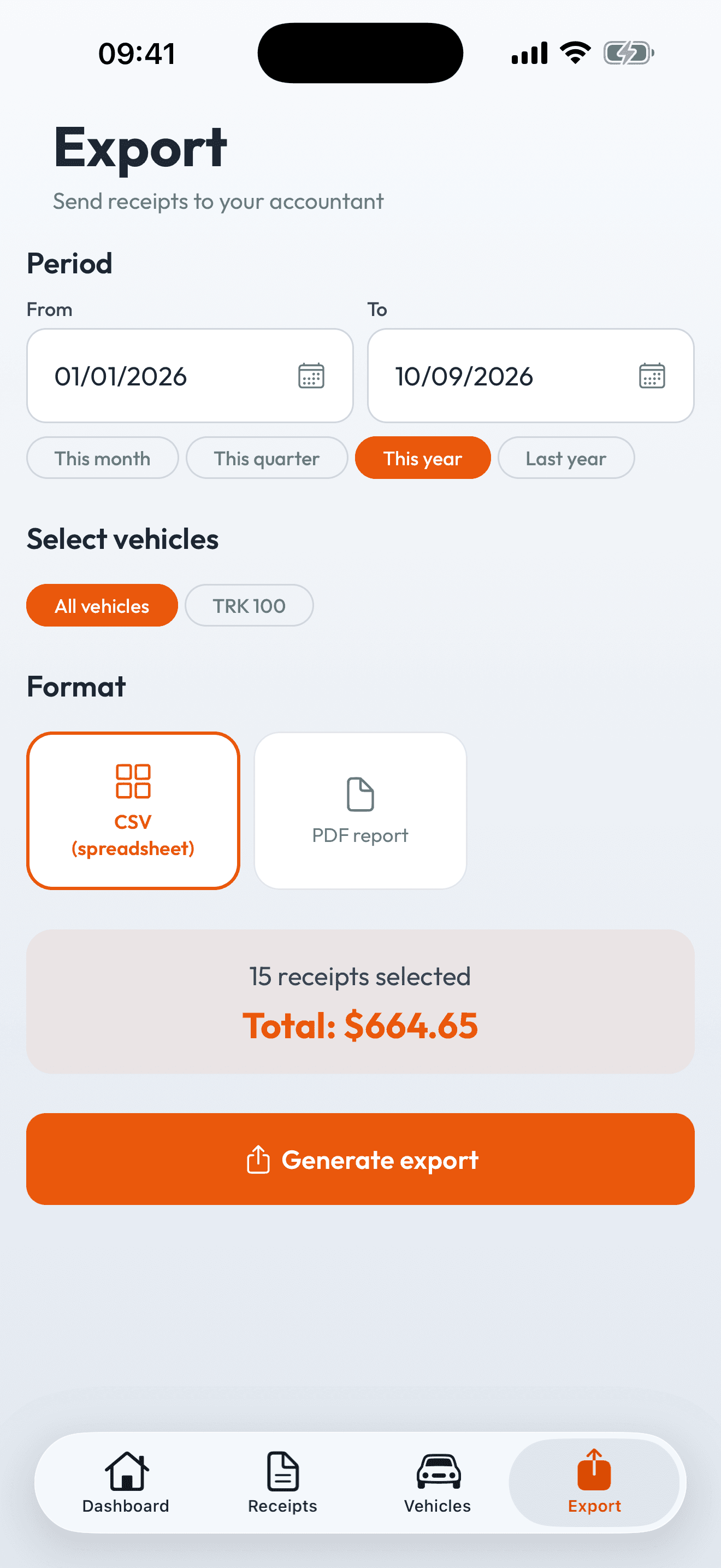 Export in seconds – CSV or PDF report — filtered by date range and vehicle