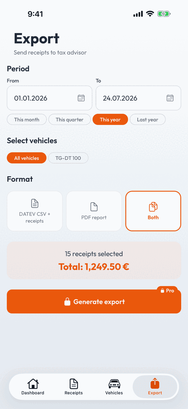 Export tax-ready – CSV, PDF, or DATEV format — filtered by date range and vehicle