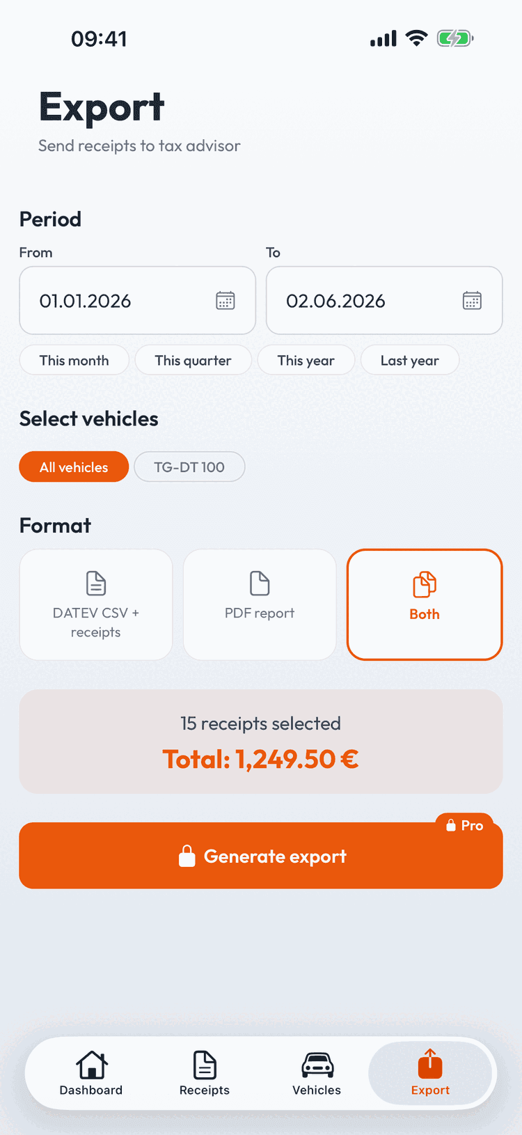 Export tax-ready – CSV, PDF, or DATEV format — filtered by date range and vehicle